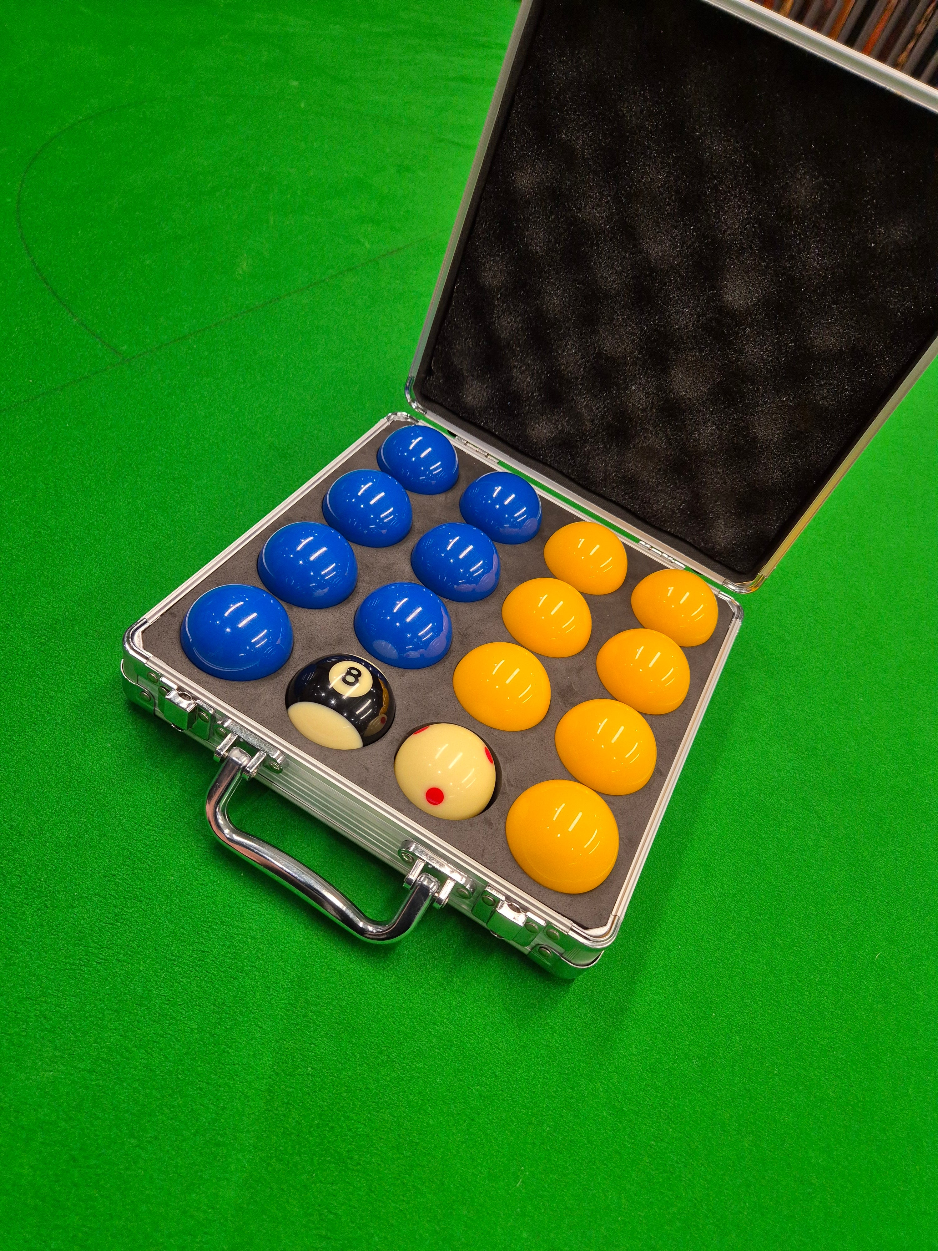 Super Aramith Pro Cup 2" Pool Balls with Aluminium Case - Blue & Yellow