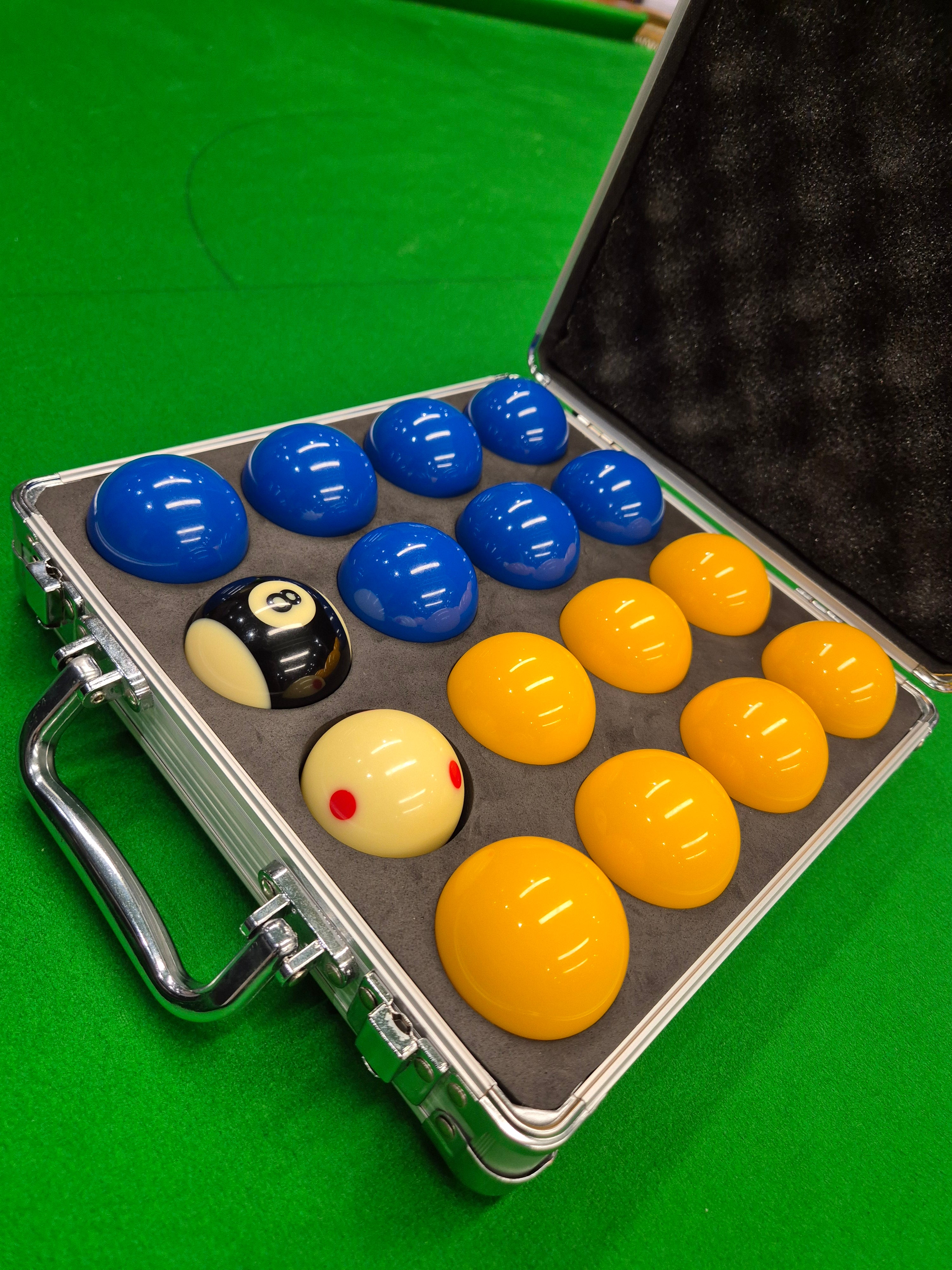 Super Aramith Pro Cup 2" Pool Balls with Aluminium Case - Blue & Yellow