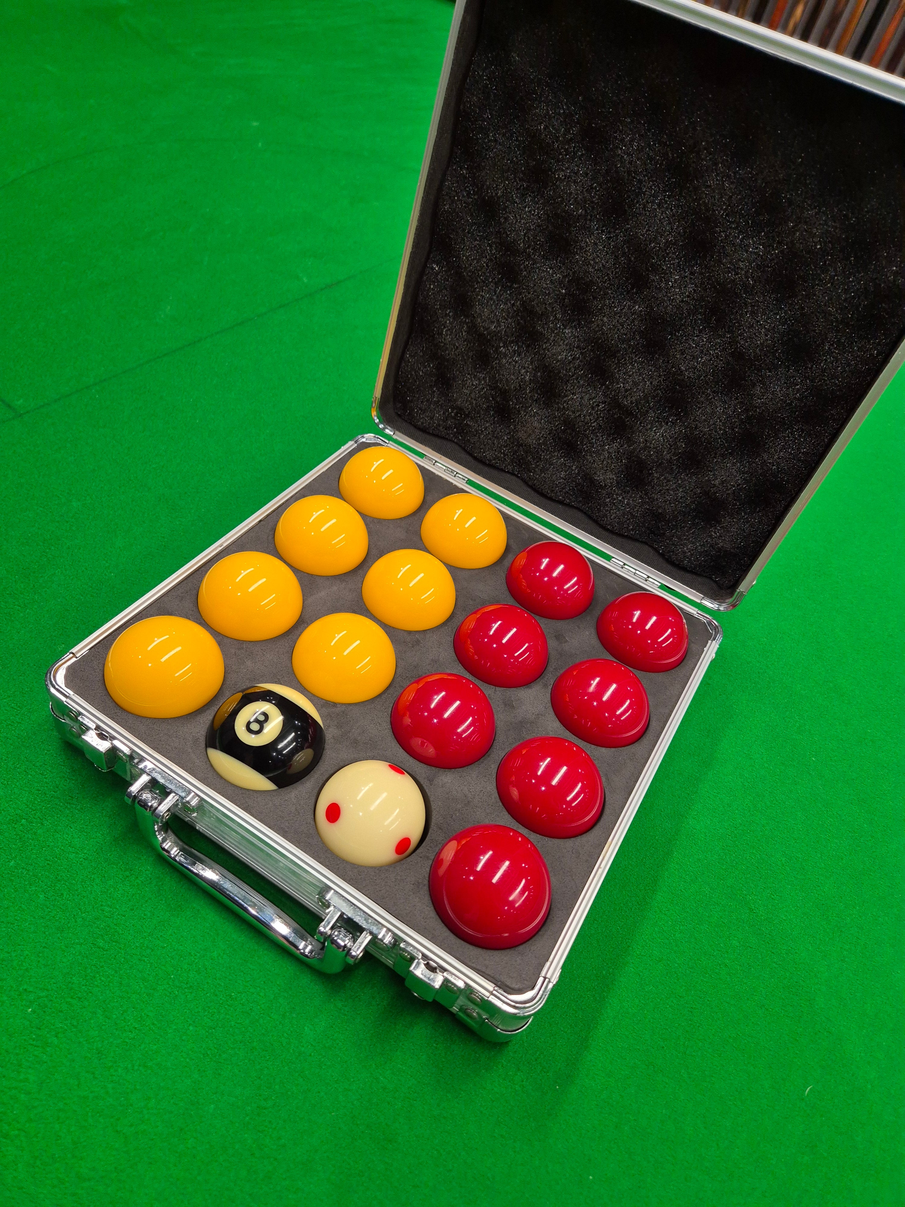 Super Aramith Pro Cup 2" Pool Balls with Aluminium Case - Red & Yellow